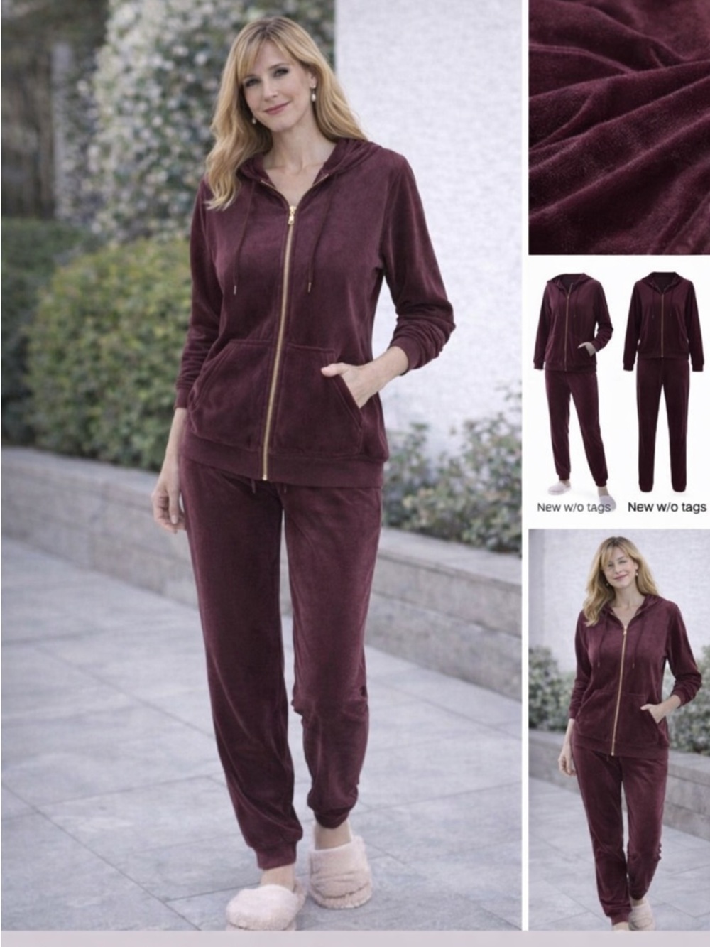 Felina Velour Tracksuit Set Burgundy Hoodie Joggers Cozy Lounge M